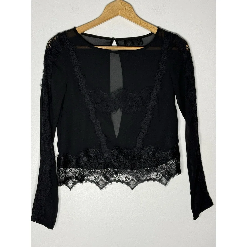 H&M Black Sheer Lace Whimsigoth Witchy Floral Boho Long Sleeve Top Size 2